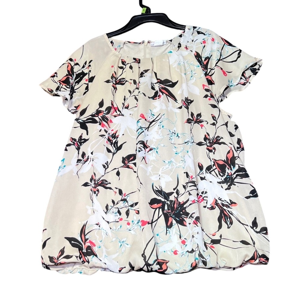 Liz Claiborne  Womens Size Large Floral Pleated Blouse Beige Short Sleeve Work - Picture 2 of 12